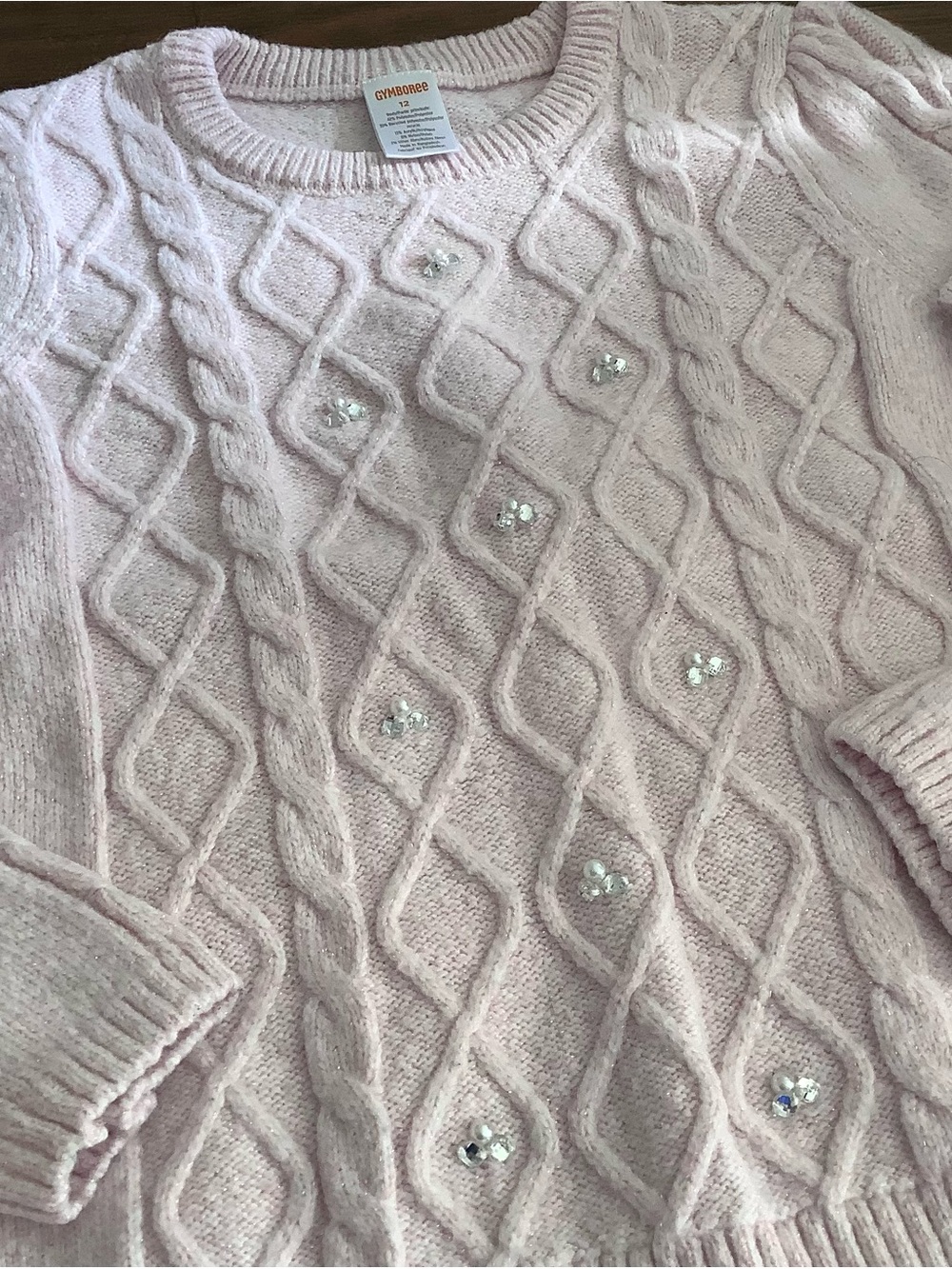 Gymboree Girl's Size 12 Pink Cable Knit Sweater w/ Pearl Rhinestone Clusters - Picture 4 of 6
